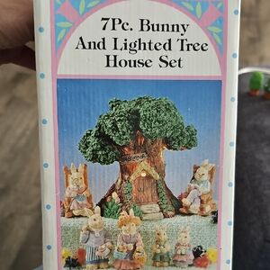 Vintage 7Pc Bunny  Lighted Tree House Set Easter Holiday  80s Retro Home Decor